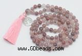 GMN1886 Knotted 8mm, 10mm purple strawberry quartz 108 beads mala necklace with tassel & charm