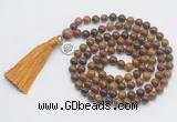 GMN1892 Knotted 8mm, 10mm red moss agate 108 beads mala necklace with tassel & charm