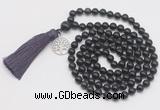 GMN1896 Knotted 8mm, 10mm black obsidian 108 beads mala necklace with tassel & charm