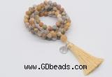 GMN2002 Knotted 8mm, 10mm matte yellow crazy agate 108 beads mala necklace with tassel & charm