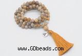 GMN2004 Knotted 8mm, 10mm matte fossil coral 108 beads mala necklace with tassel & charm