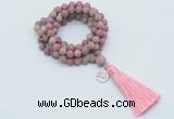 GMN2006 Knotted 8mm, 10mm matte pink fossil jasper 108 beads mala necklace with tassel & charm