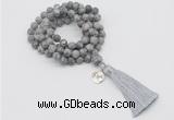 GMN2010 Knotted 8mm, 10mm matte grey picture jasper 108 beads mala necklace with tassel & charm