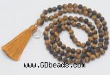 GMN2027 Knotted 8mm, 10mm matte yellow tiger eye 108 beads mala necklace with tassel & charm