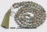 GMN2031 Knotted 8mm, 10mm matte rhyolite 108 beads mala necklace with tassel & charm