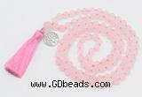 GMN2035 Knotted 8mm, 10mm matte rose quartz 108 beads mala necklace with tassel & charm