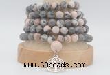 GMN2232 Hand-knotted 8mm, 10mm matte pink zebra jasper 108 beads mala necklaces with charm