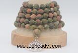 GMN2234 Hand-knotted 8mm, 10mm matte unakite 108 beads mala necklaces with charm