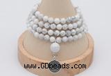 GMN2418 Hand-knotted 6mm white howlite 108 beads mala necklace with charm