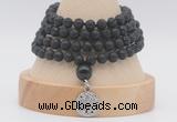 GMN2477 Hand-knotted 6mm black lava 108 beads mala necklaces with charm