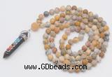 GMN2602 Hand-knotted 8mm, 10mm matte yellow crazy agate 108 beads mala necklace with pendant