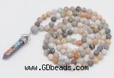 GMN2603 Hand-knotted 8mm, 10mm matte bamboo leaf agate 108 beads mala necklace with pendant