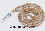 GMN2604 Hand-knotted 8mm, 10mm matte fossil coral 108 beads mala necklace with pendant