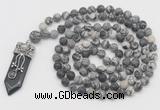 GMN2610 Hand-knotted 8mm, 10mm matte black water jasper 108 beads mala necklace with pendant