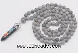 GMN2611 Hand-knotted 8mm, 10mm matte grey picture jasper 108 beads mala necklace with pendant