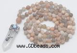 GMN2623 Hand-knotted 8mm, 10mm matte sunstone 108 beads mala necklace with pendant