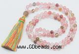 GMN264 Hand-knotted 6mm volcano cherry quartz 108 beads mala necklaces with tassel