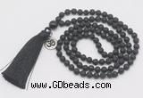 GMN308 Hand-knotted 6mm black lava 108 beads mala necklaces with tassel & charm