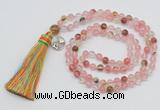 GMN311 Hand-knotted 6mm volcano cherry quartz 108 beads mala necklaces with tassel & charm