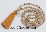 GMN323 Hand-knotted 6mm yellow crazy agate 108 beads mala necklaces with tassel & charm