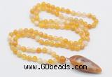 GMN4005 Hand-knotted 8mm, 10mm yellow banded agate 108 beads mala necklace with pendant