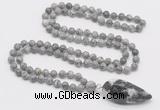 GMN4022 Hand-knotted 8mm, 10mm grey picture jasper 108 beads mala necklace with pendant