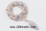 GMN4057 Hand-knotted 8mm, 10mm morganite 108 beads mala necklace with pendant