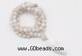 GMN4062 Hand-knotted 8mm, 10mm white crazy agate 108 beads mala necklace with pendant