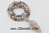 GMN4064 Hand-knotted 8mm, 10mm bamboo leaf agate 108 beads mala necklace with pendant