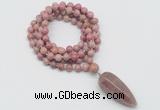 GMN4074 Hand-knotted 8mm, 10mm pink wooden jasper 108 beads mala necklace with pendant