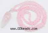 GMN4200 Hand-knotted 8mm, 10mm matte rose quartz 108 beads mala necklace with pendant