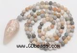 GMN4209 Hand-knotted 8mm, 10mm matte bamboo leaf agate 108 beads mala necklace with pendant