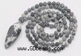 GMN4220 Hand-knotted 8mm, 10mm matte black water jasper 108 beads mala necklace with pendant