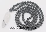 GMN4222 Hand-knotted 8mm, 10mm matte black labradorite 108 beads mala necklace with pendant