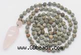 GMN4225 Hand-knotted 8mm, 10mm matte rhyolite 108 beads mala necklace with pendant