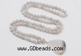 GMN4410 Hand-knotted 8mm, 10mm matte white crazy agate 108 beads mala necklace with pendant