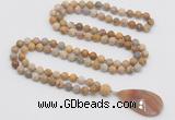 GMN4412 Hand-knotted 8mm, 10mm matte fossil coral 108 beads mala necklace with pendant