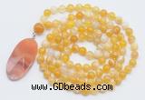 GMN4605 Hand-knotted 8mm, 10mm yellow banded agate 108 beads mala necklace with pendant