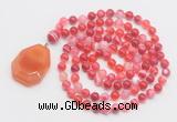 GMN4606 Hand-knotted 8mm, 10mm red banded agate 108 beads mala necklace with pendant