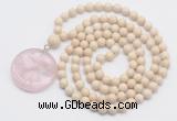 GMN4619 Hand-knotted 8mm, 10mm white fossil jasper 108 beads mala necklace with pendant