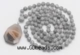 GMN4621 Hand-knotted 8mm, 10mm grey picture jasper 108 beads mala necklace with pendant