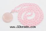 GMN4650 Hand-knotted 8mm, 10mm rose quartz 108 beads mala necklace with pendant