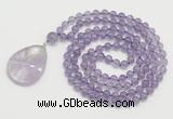 GMN4651 Hand-knotted 8mm, 10mm amethyst 108 beads mala necklace with pendant