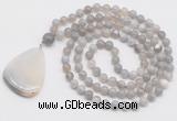 GMN4665 Hand-knotted 8mm, 10mm grey banded agate 108 beads mala necklace with pendant