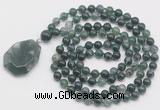 GMN4669 Hand-knotted 8mm, 10mm moss agate 108 beads mala necklace with pendant