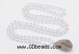 GMN4800 Hand-knotted 8mm, 10mm white crystal 108 beads mala necklace with pendant