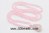 GMN4808 Hand-knotted 8mm, 10mm rose quartz 108 beads mala necklace with pendant