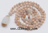 GMN4823 Hand-knotted 8mm, 10mm sunstone 108 beads mala necklace with pendant