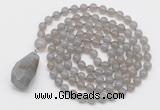 GMN4825 Hand-knotted 8mm, 10mm grey agate 108 beads mala necklace with pendant