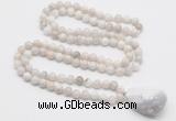 GMN4828 Hand-knotted 8mm, 10mm white crazy agate 108 beads mala necklace with pendant